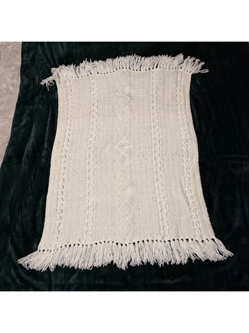 Vintage White Cable Knit Baby Blanket with Fringe Trim – Heirloom Receiving Blan